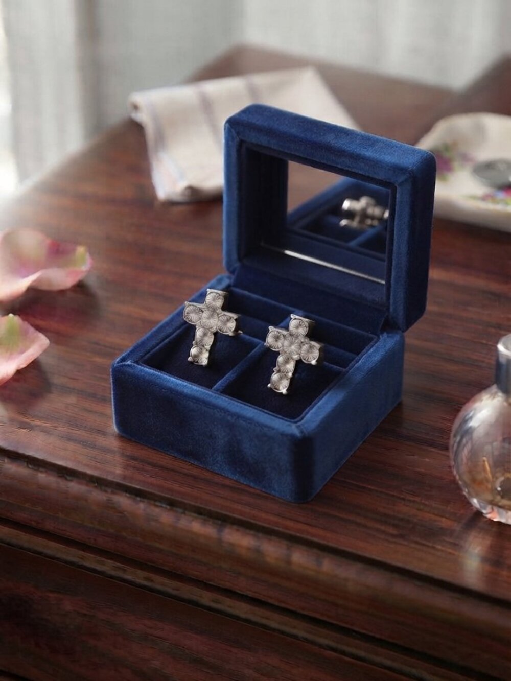 Rhinestone Cross Stud Earrings in Silver Tone